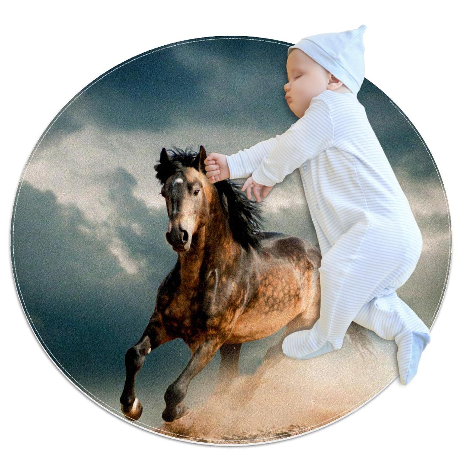 Tapis de jeu chevaux pour chambre d'enfant - Tapis de sol rond animaux 80x80