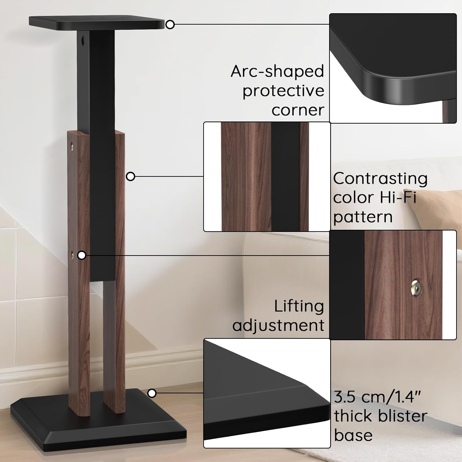 Wood Speaker Stands Pair 25-34 Inch Height Adjustable (63-84CM), Universal Desktop Floor Bookshelf Speaker Stands Studio Monitor Stands, Enhanced Audio Listening Experience for Home Theater - Image 5