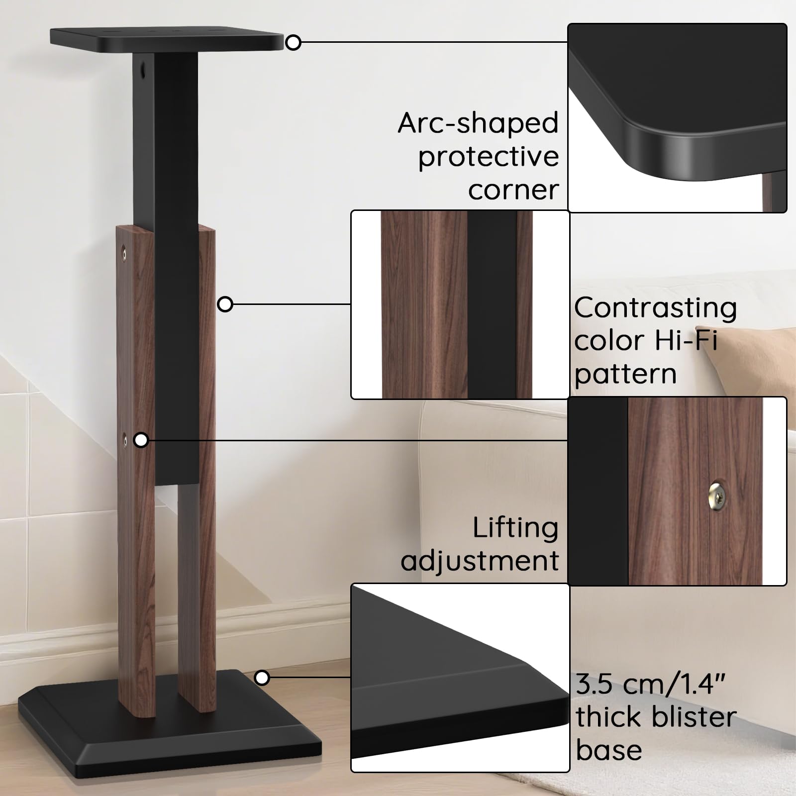 Paire de supports de haut-parleurs en bois de 63 à 84 cm réglables en hauteur (63 à 84 cm), supports universels pour haut-parleurs de bureau, support de moniteur, expérience d'écoute audio améliorée