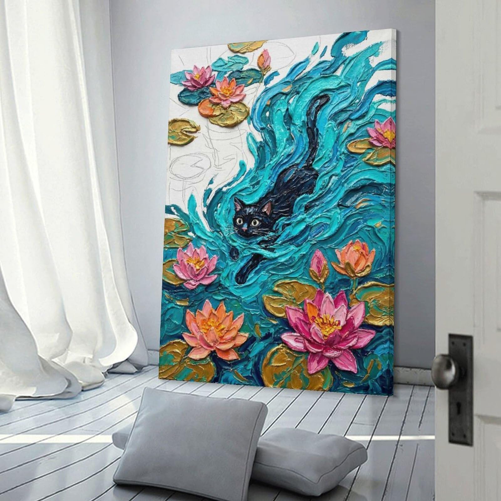 Junmoney Black Cat in Lily Pond Painting Wall Picture Print 24x36inch(60x90cm), for Lounge Decor, Offices Or Entryway Styling, A Flexible Wall Accent for Shared Spaces