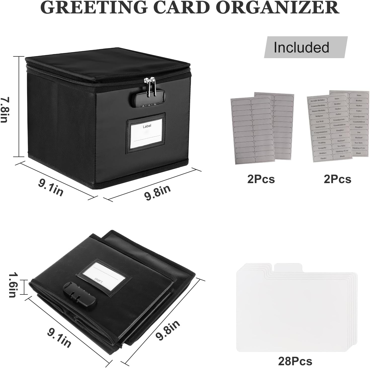 Fireproof Greeting Card Organizer with Lock,Collapsible Storage Box Holds 150+ Cards,Card Organizer Box with 15 Adjustable Dividers for Storing Greeting Cards, Envelopes, Stickers, Photos, Notecards