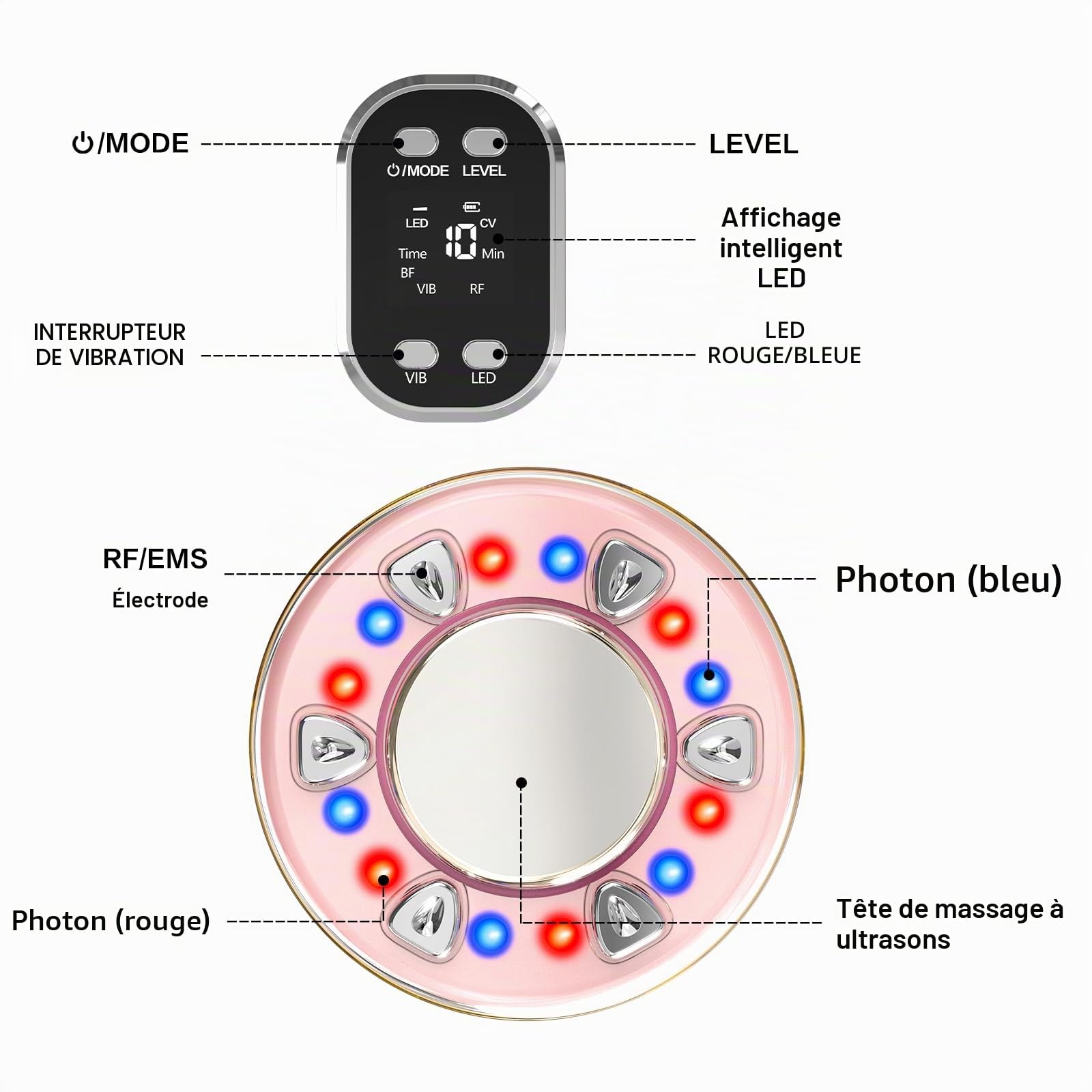 Masseur Anti Cellulite Electrique, 6 en 1 Massage Appareil Anti-Cellulite, Machine à Cavitation Ultrasonique avec EMS/R-F Lumière Rouge et Bleue, IPX6 Beauty Machine pour Le Corps et Visage