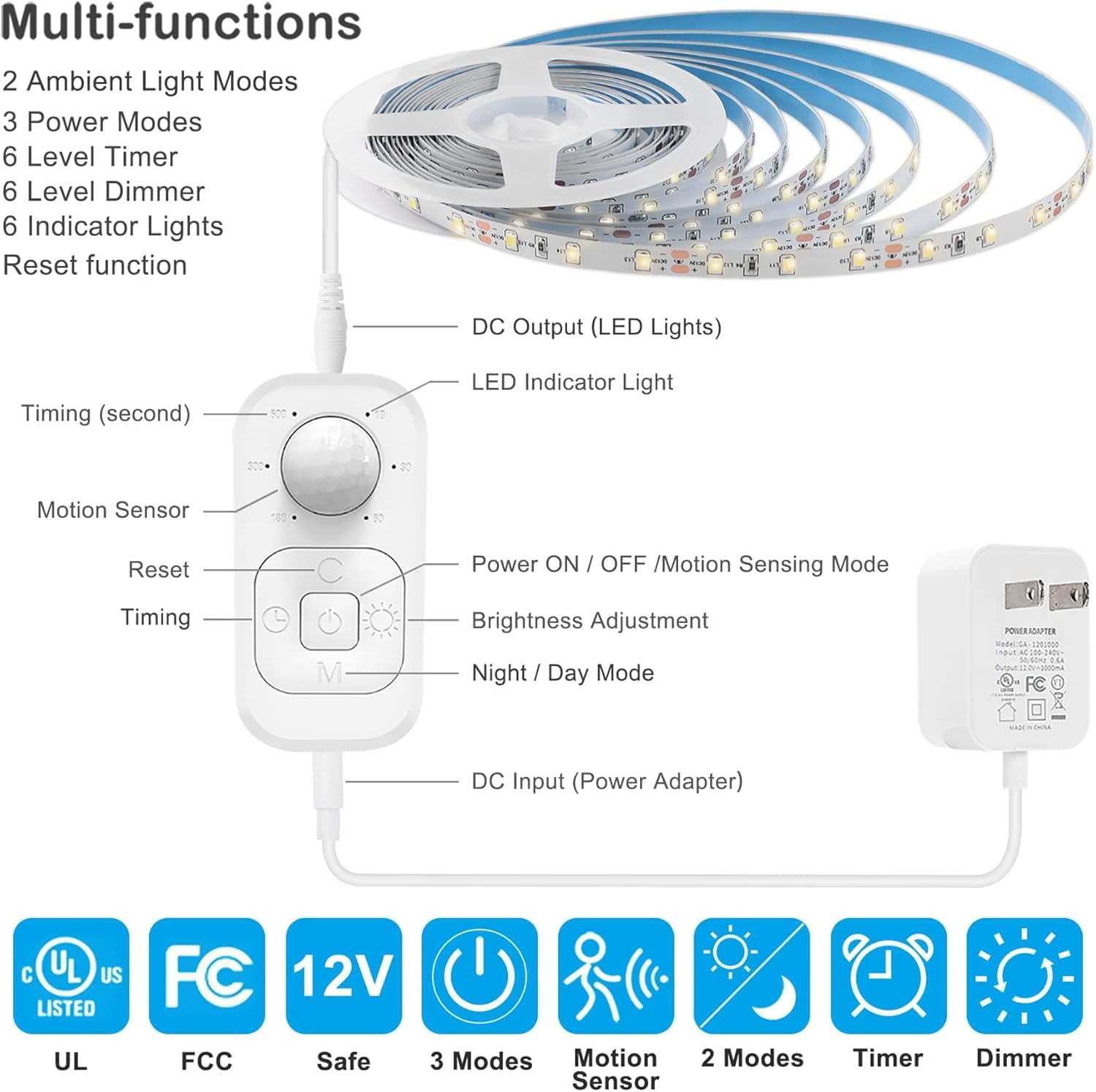 Motion Sensor Lights Indoor Plug-in LED Step Lights Strip with Power Timer Dimmer Multi-Functional Controller for Stairway Kitchen Cabinet Bedroom Corridor Washroom Counter Shelf Showcase