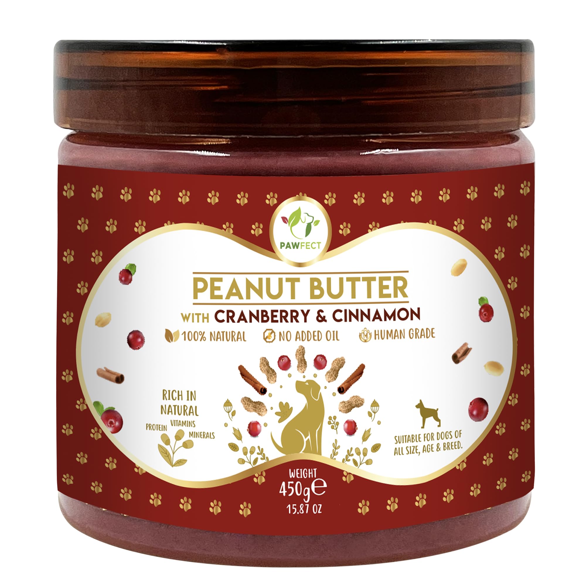 Pawfect Peanut Butter with Cranberry & Cinnamon for Dogs & Puppies, 100% Natural Lickable Treat, No Added Sugar, Salt