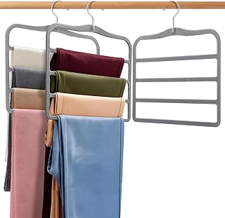 Velvet Pants Hangers 2-Pack, Space Saving Multi-Tier Closet Organizers for Jeans Trousers Skirts Scarves, Heavy Duty Non-Slip Vertical Storage for College Dorm & Apartment Essentials, Grey