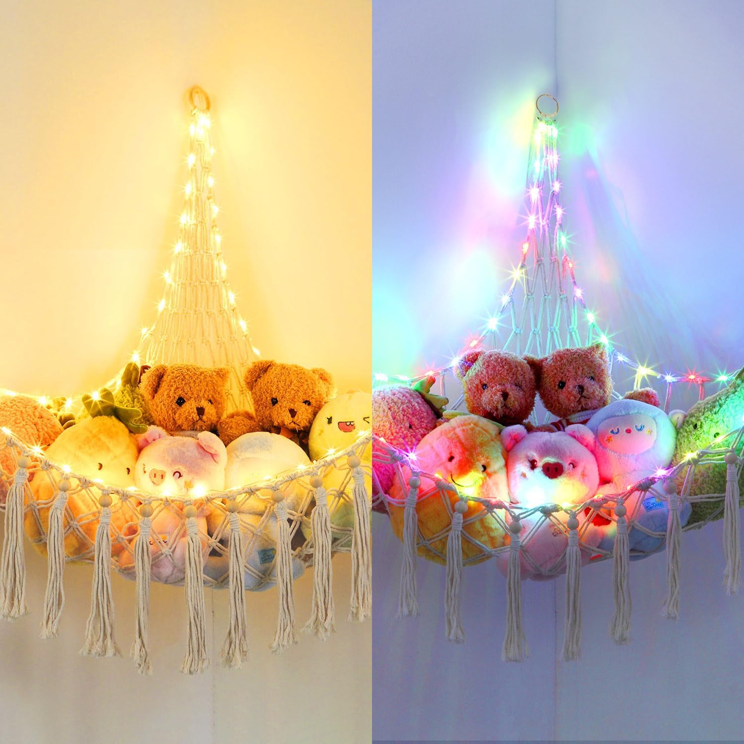 2 Pack Stuffed Animal Hammock with 75LEDs, Extra Large 55in Toy Storage Macrame Hammock, Hanging Toy Net for Kids Bedroom Doll Room Corner Organizer, USB Plush Toy Hammock with Remote(XL)