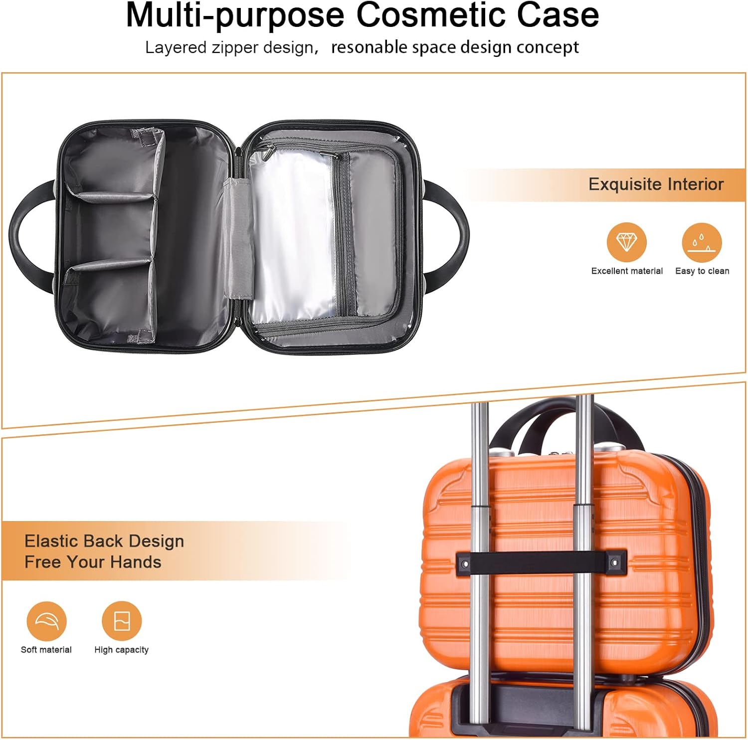 14inch Makeup Train Case PC ABS Cosmetic Case Hardshell Makeup Bag Organizer Toiletry Gifts for Her Travel Outside Activity (orange) - Image 6