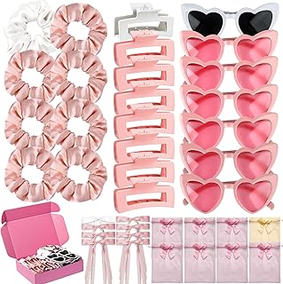 40pcs Bridesmaid Scrunchies Proposal Gift Set with Scrunchies Hair Claw Bachelorette Bow Clip Heart Shaped Sunglasses Organza Bags for Wedding Party Favors Gift (Pink)