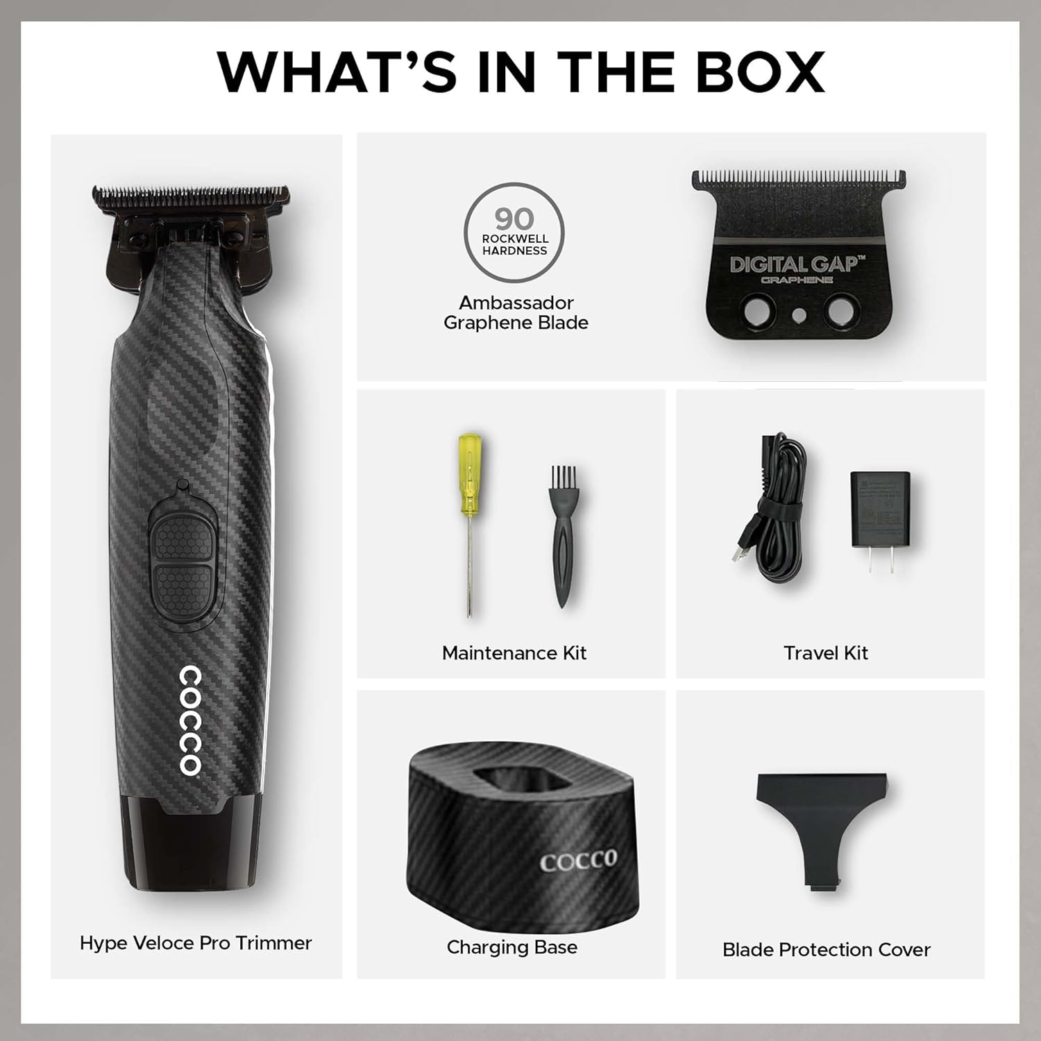 Cocco Hyper Veloce Pro Trimmer, Digital Gap Graphene Blade Edger, High-Torque Brushless BLDC Motor, Cordless, All-Metal Design, Lithium-Ion Battery, Charging Base Included (Carbon Fiber)