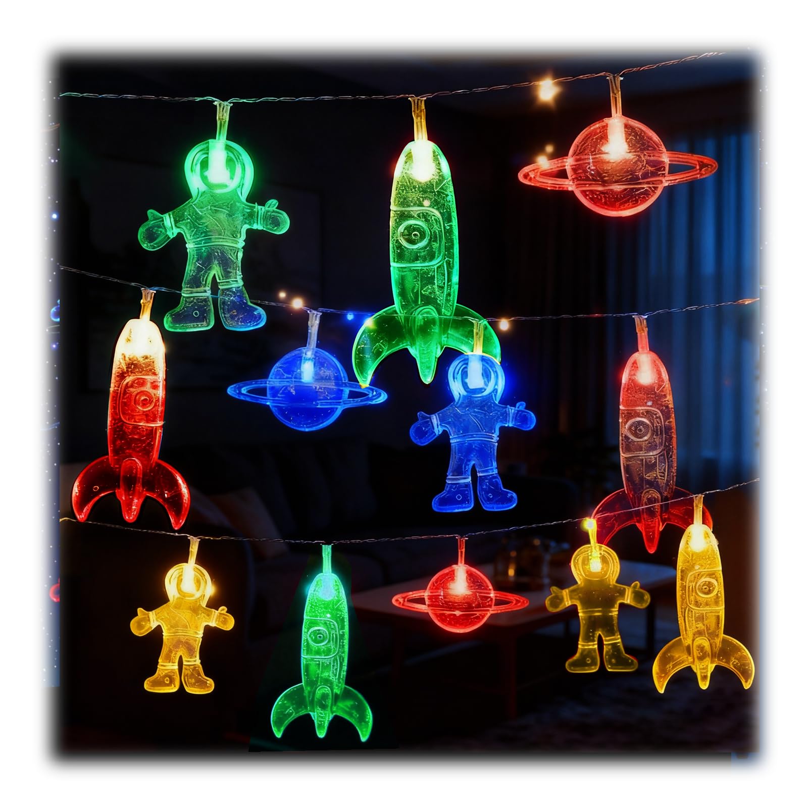 3 Meter 20 Lichterkette Astronaut Raumschiff Rakete Led Simulation Lichterketten Weltraum-Mars-Thema String Lights Gefälschte Lichter Deko für Festival Party Garten Terrasse Schlafzimmer (Farbe)