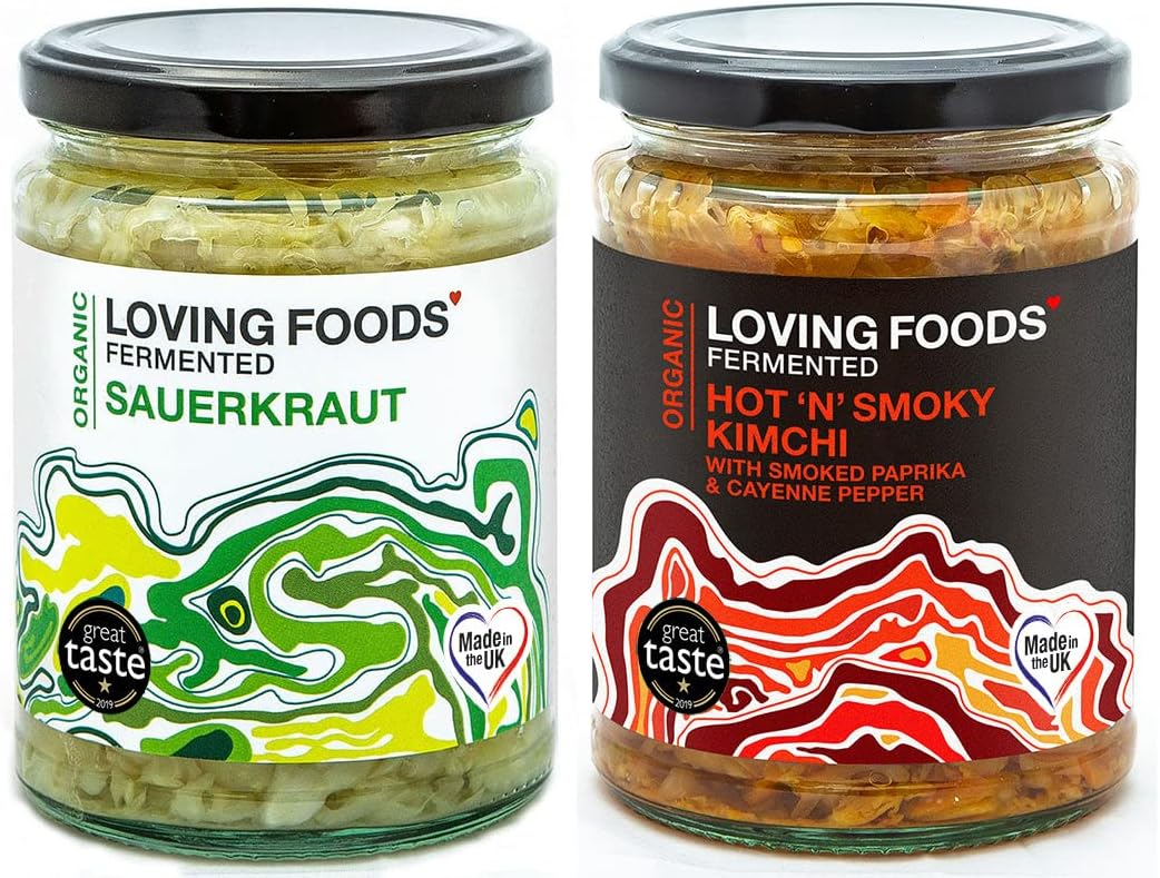 Loving Foods Award-Winning *Organic & Made in the UK* Sauerkraut & Hot 'N' Smoky Kimchi (2 x 475g) Raw, Unpasteurised & Bursting with Beneficial Live Bacteria (2 x Jars)