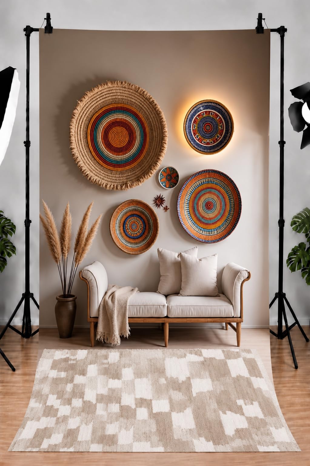 Global Boho Interior Backdrop Cloth Woven Basket Gallery Wall & Modern Cream Settee Scene Photography Background Seamless Photo Booth Prop Backdrop Size 8Feet Height & 5Feet Width(8 * 5)-picture-35