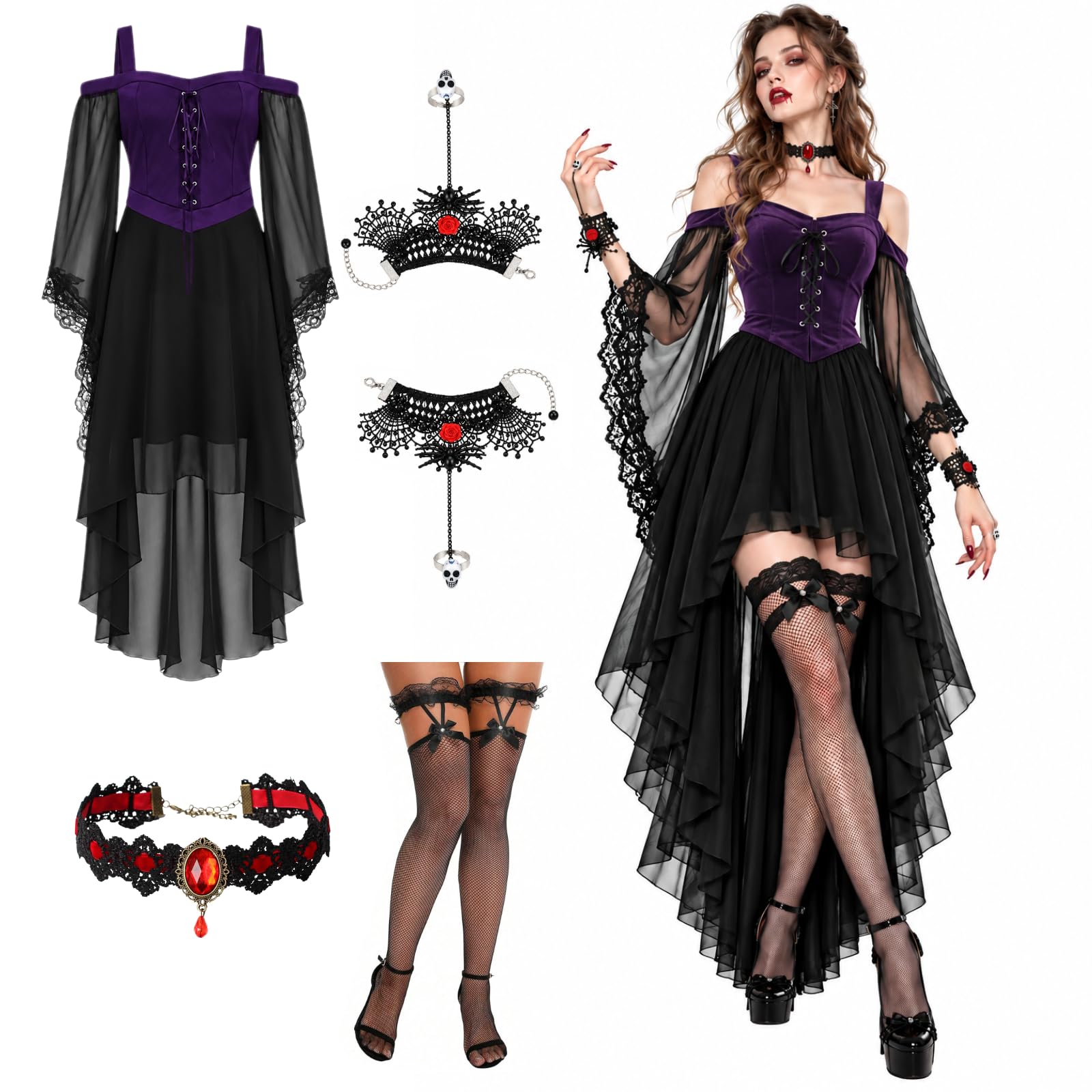 Halloween Costumes Adult,Vampire Costume, 4Pcs Adult Halloween Fancy Dress Outfit, Gothic Vampire Dress with Choker, Bracelet and Fishnet Tights for Women Party Cosplay