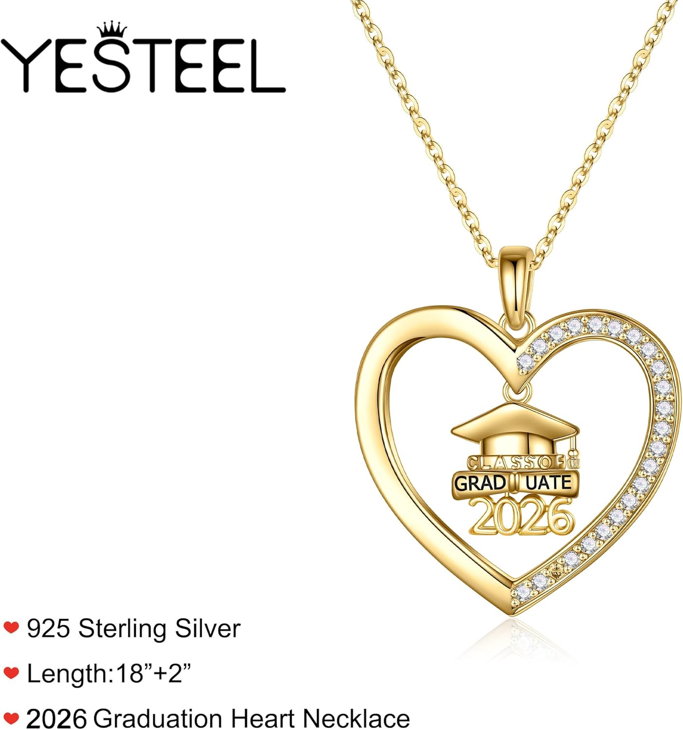 Yesteel S925 Sterling Silver 2026 Graduation Necklace Graduation Gifts for Women Her, Class of 2026 Graduation Heart Necklace High School College Graduation Gifts for Women Her Friends
