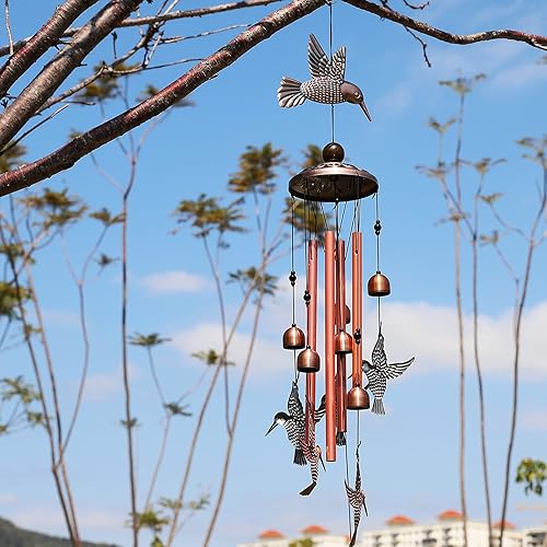 Miniatura 5 de Campanillas de viento de colibrí para decoración interior y exterior, con 4 tubos de aluminio, 6 campanas, 7 colibríes, captador de viento móvil,