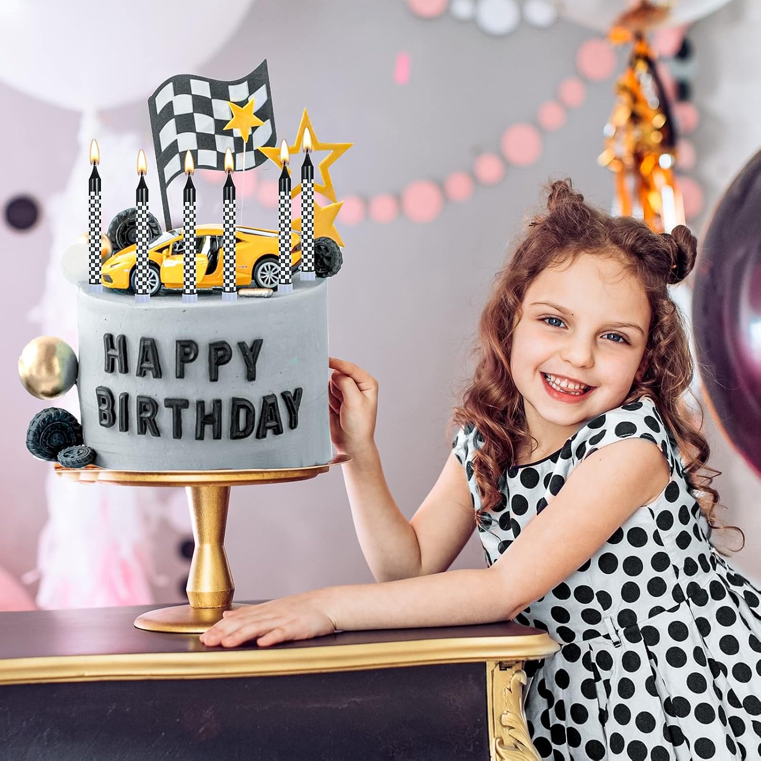 12 Pcs Race Car Birthday Candles, Black White Checkered Flag