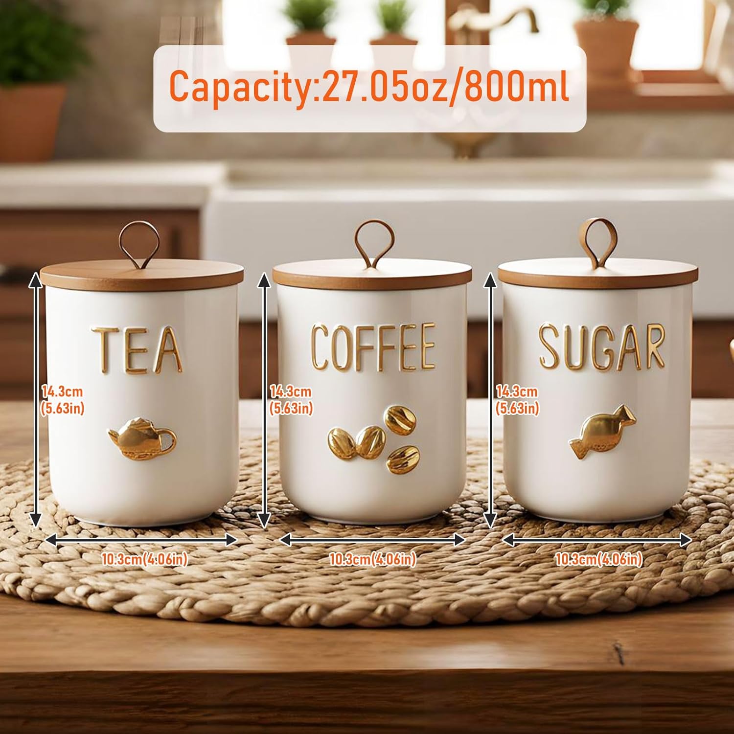 jessie 27oz Ceramics Coffee Canisters with Airtight Seal Bamboo Lid Silicone,Coffee Bean Storage for Kitchen Countertop,Food Storage Jars for Coffee Bean Ground Coffee (Three piece)