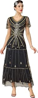 Women's Flapper Dress 1920s V-Neck Evening Gown Sequin Beaded Maxi Dress for Wedding
