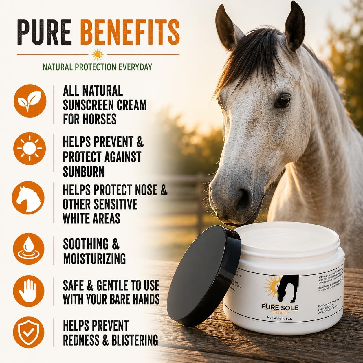 Sunscreen for Horses | Bundle of Pure Sole All Natural Sun Block 2 oz. Push Up Stick and 8 oz. Jar image 2