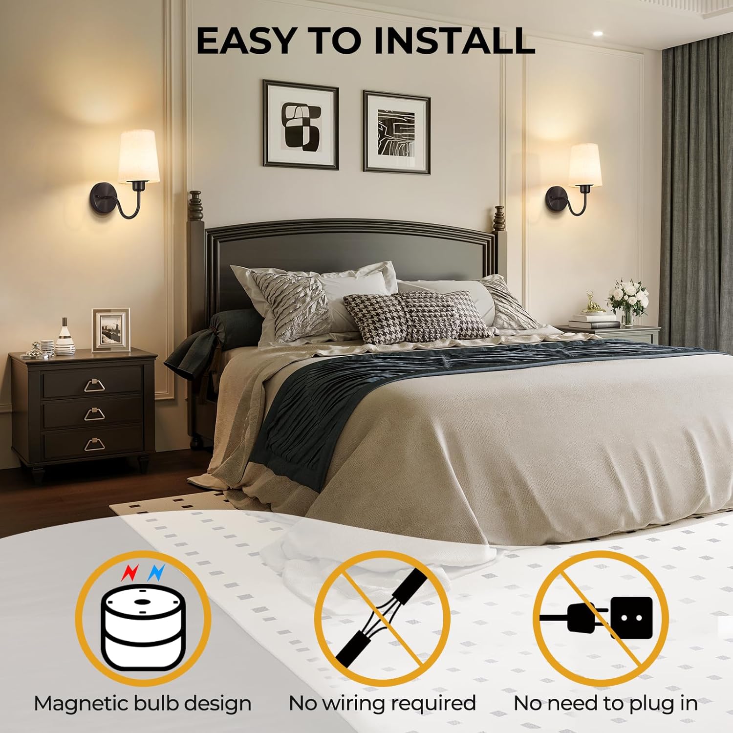 Battery Operated Wall Sconce Set of 2, 10000mAh Rechargeable Wall Sconces Battery Operated Light Dimmable Battery Powered Wall Lights with Black Gooseneck for Bedroom Living Room, Linen Lampshade