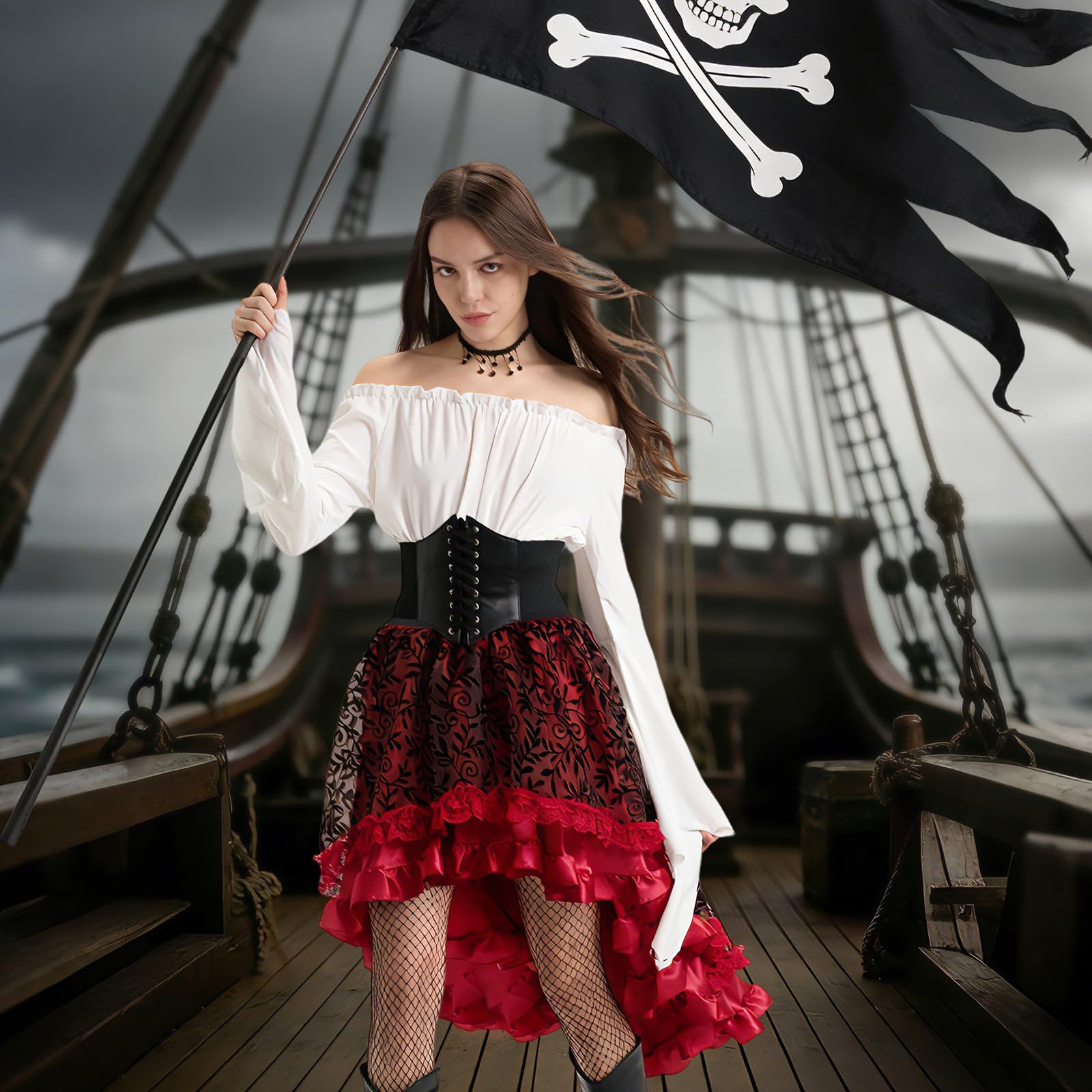 Charmofun Disfraz de Pirata para Mujer, Vestido Medieval Mujer con Top Con Hombros Descubiertos, Corsé de Pirata, Costume Victoriano Renacentista para Carnaval Halloween Cosplay (Rojo, L)