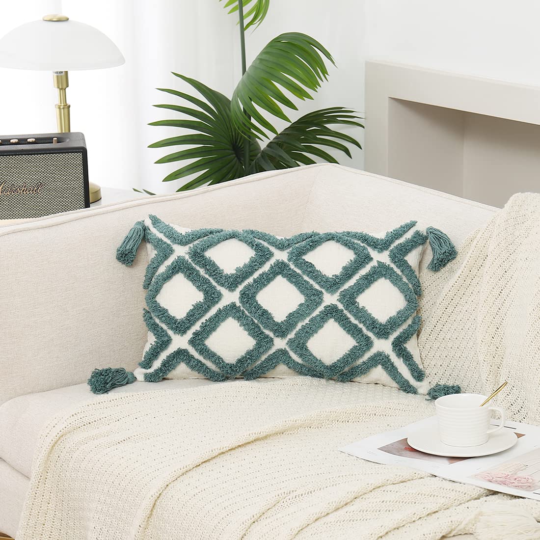 Federa per cuscino lombare in stile bohémien, 30,5 x 50,8 cm, con nappe, in ciniglia marocchina, trapuntata, color crema, con piccoli accenti testurizzati, per letto e divano, 1 federa per cuscino