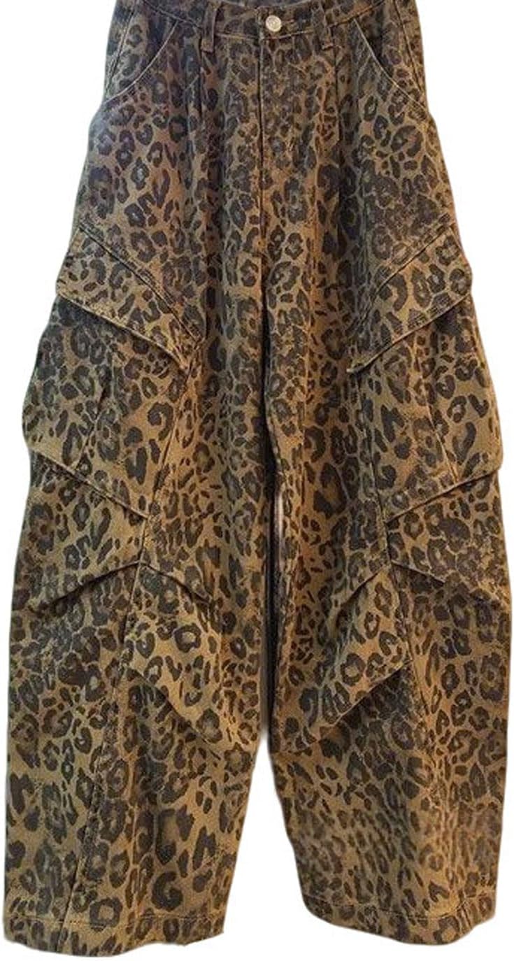 CHARTOU Women Leopard Barrel Denim Pants Baggy Wide Leg Cargo Jeans Casual Denim Jeans