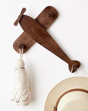 Vinoil Kids Coat Rack Wall Mount, Airplane-Shaped Wooden Wall Coat Hooks for Kids, Cute Walnut Coat Hanger Heavy Duty for Bathrooms, Door, Entryway, Kids Room, or Nursery