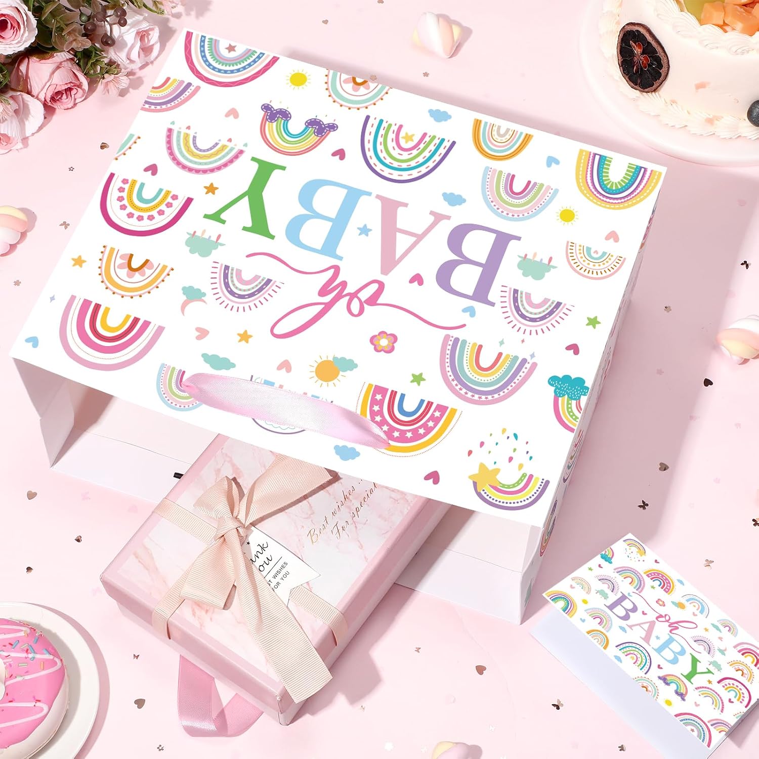 Large Baby Gift Bag for Girls, Rainbow Girls Baby Shower Bags with Tissue Paper and Greeting Card Pink Rainbow Oh Baby Wrapping Paper for Baby Girl Gender Reveal Oh Baby Party Newborn Celebration