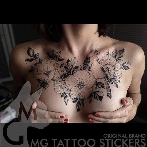Tatuajes florales temporales extra grandes para adultos para mujeres, cuello temporal, de larga duración, realista, tatuaje único, mandala, flores