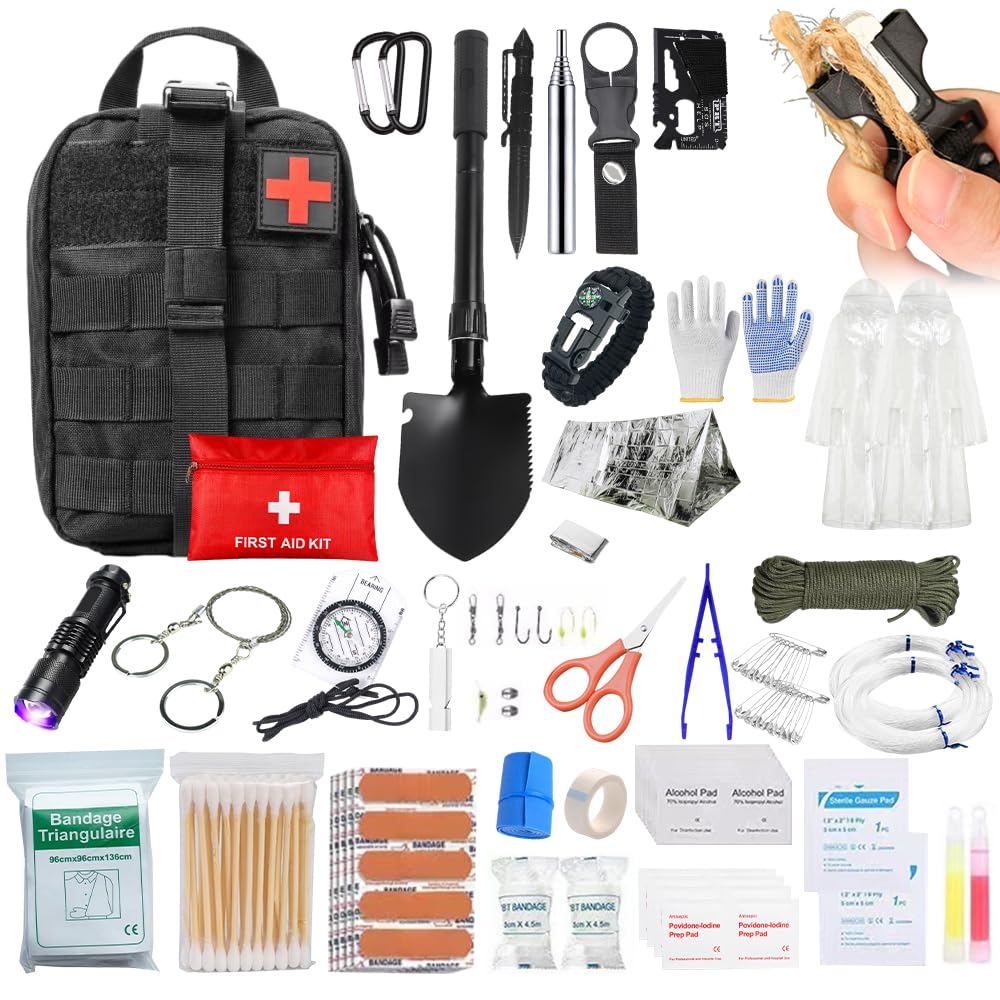 Erste Hilfe Set, Survival Kit mit Überlebenswerkzeug, Notfallrucksack Gefüllt, First Aid Kit, Survival Set Outdoor für Auto, Camping, Rucksackreisen, Wandern, Jagd