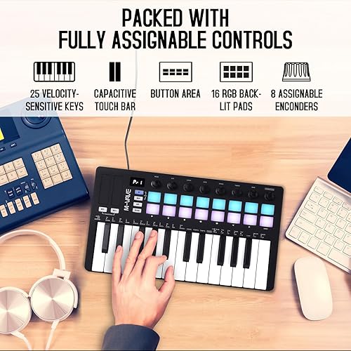Miniatura 65 de M-WAVE Controlador de teclado MIDI USB de 25 teclas con 8 almohadillas retroiluminadas, teclado dinámico profesional semiponderado Bluetooth, 8