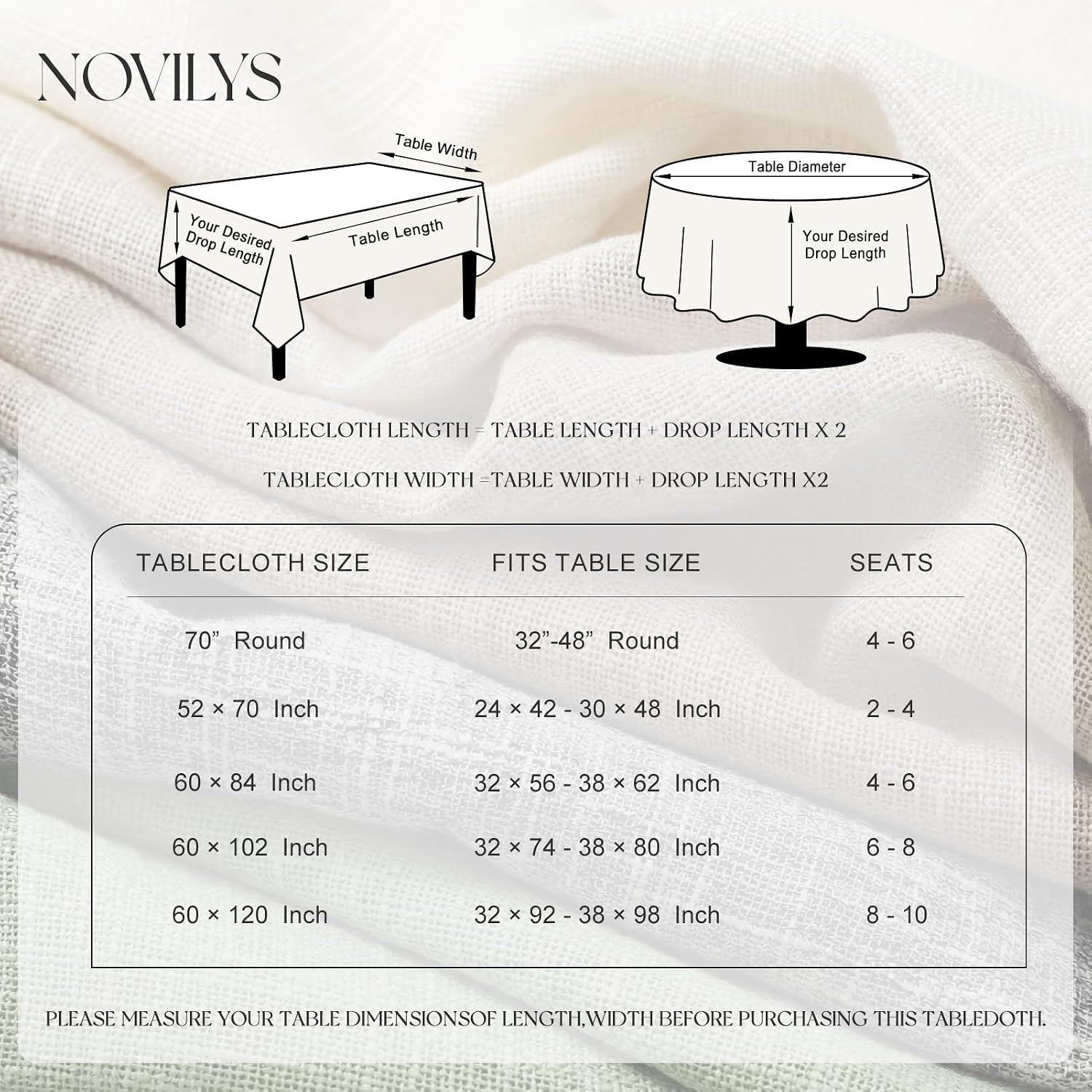 NOVILYS Linen Rectangle Tablecloth, 60x120 Inch Cream White Water Resistant Large Heavy Farmhouse Neutral Burlap Fabric Rectangular Table Cover, Decoration for Outdoor/Kitchen/Dining/Parties/Wedding