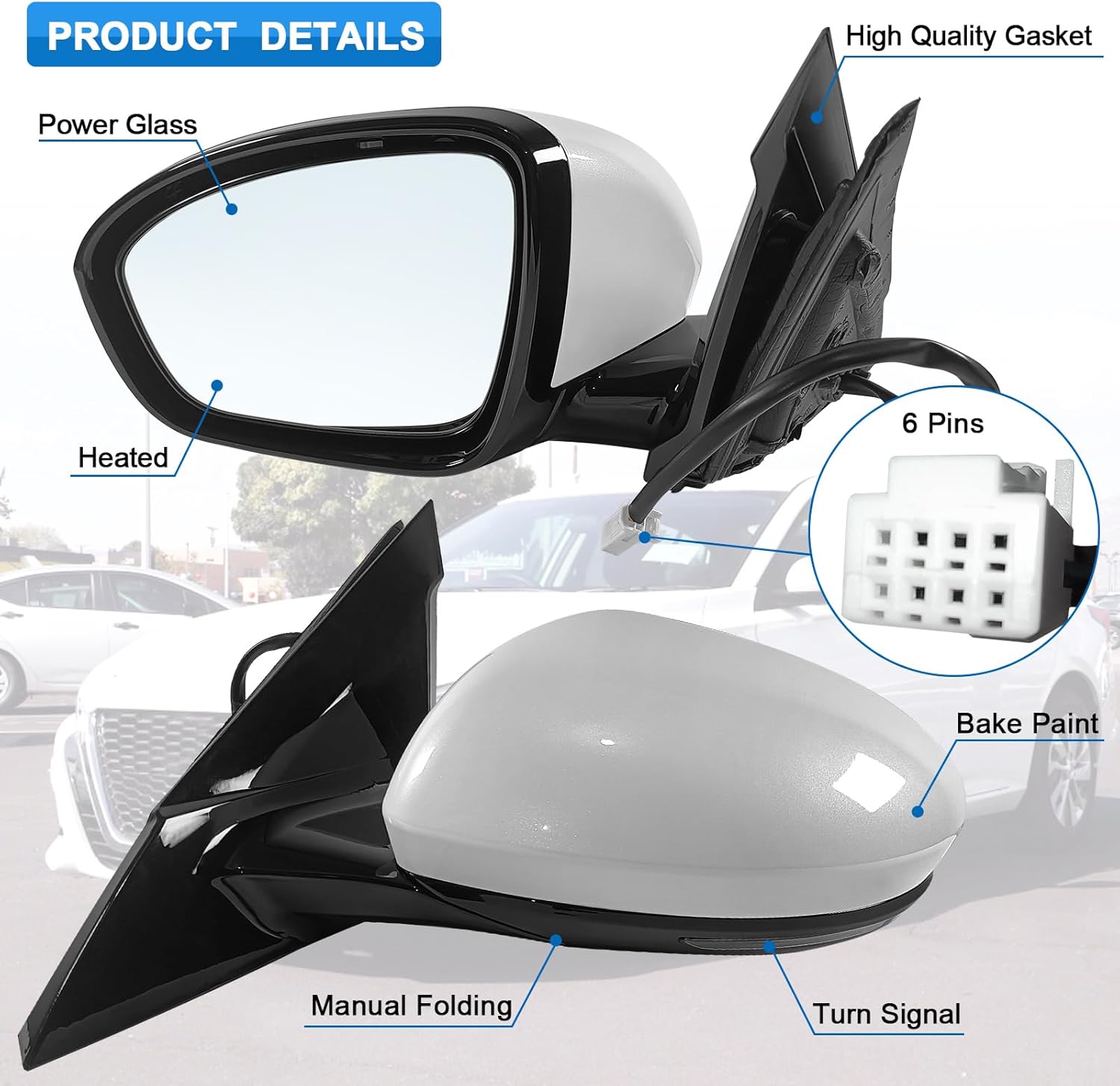 left driver side mirror assembly?fits 2019 2020 2021 2022 2023 2024 nissan altima sedan with power glass heated turn signal manual folding match white replace ni1320313(6pins) l-6pins white