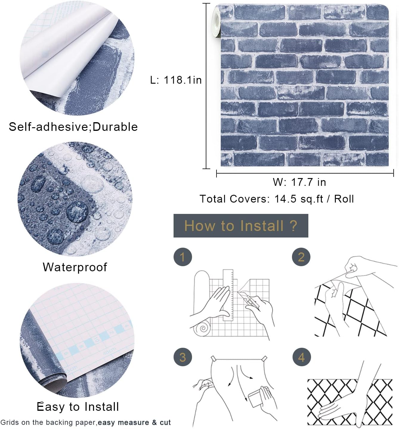 Timeet Blue Brick Wallpaper Peel and Stick Wallpaper 17.7" x 118.11" Self-Adhesive Removable Brick Textured Wallpaper Waterproof Backplash Living Room Wall Decor