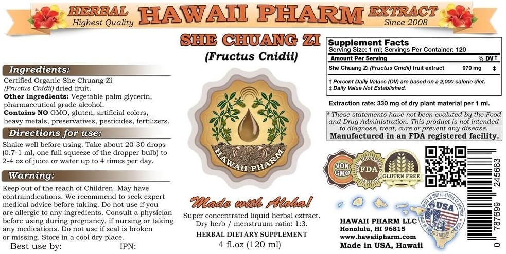 HawaiiPharm She Chuang Zi Liquid Extract, She Chuang Zi (Fructus Cnidii) Dried Fruit Tincture, Herbal Supplement, Made in USA, 4 fl.oz