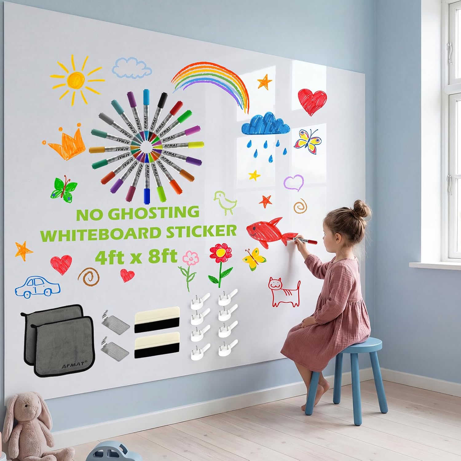 AFMAT Whiteboard Sticker for Wall, 4x8ft White Board Paper, Super Sticky Dry Erase Wallpaper, Peel and Stick Dry Erase Board with 20 Markers, No Ghosting Whiteboard Paper for Home Office Classroom