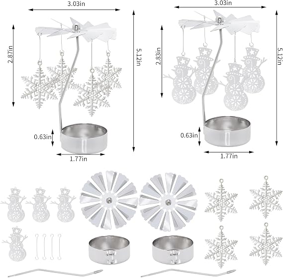 2Pcs Rotary Candle Holder Spinning Tea Light Candle Holder Silver Christmas Snowflake & Snowman Style Metal Rotating Candlestick
