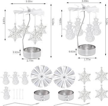 2Pcs Rotary Candle Holder Spinning Tea Light Candle Holder Silver Christmas Snowflake & Snowman Style Metal Rotating Candlestick
