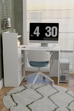 L Desk Left Direction White with Cabinet with Bookcase
