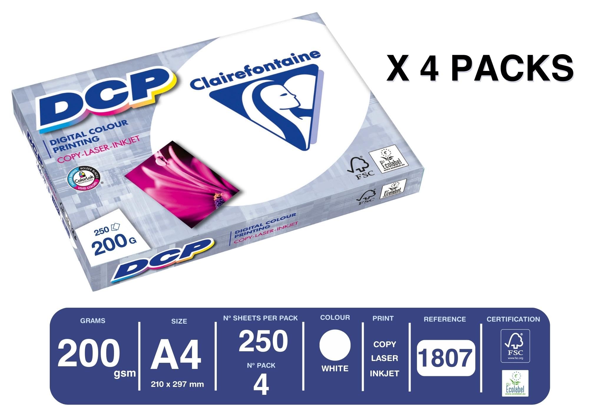 Clairefontaine 1807C - Caja de papel Digital Color Printing contiene 4 packs. - A4, 200g/m2, Total de hojas por caja: 1000 - Color: Blanco (170 CIE)