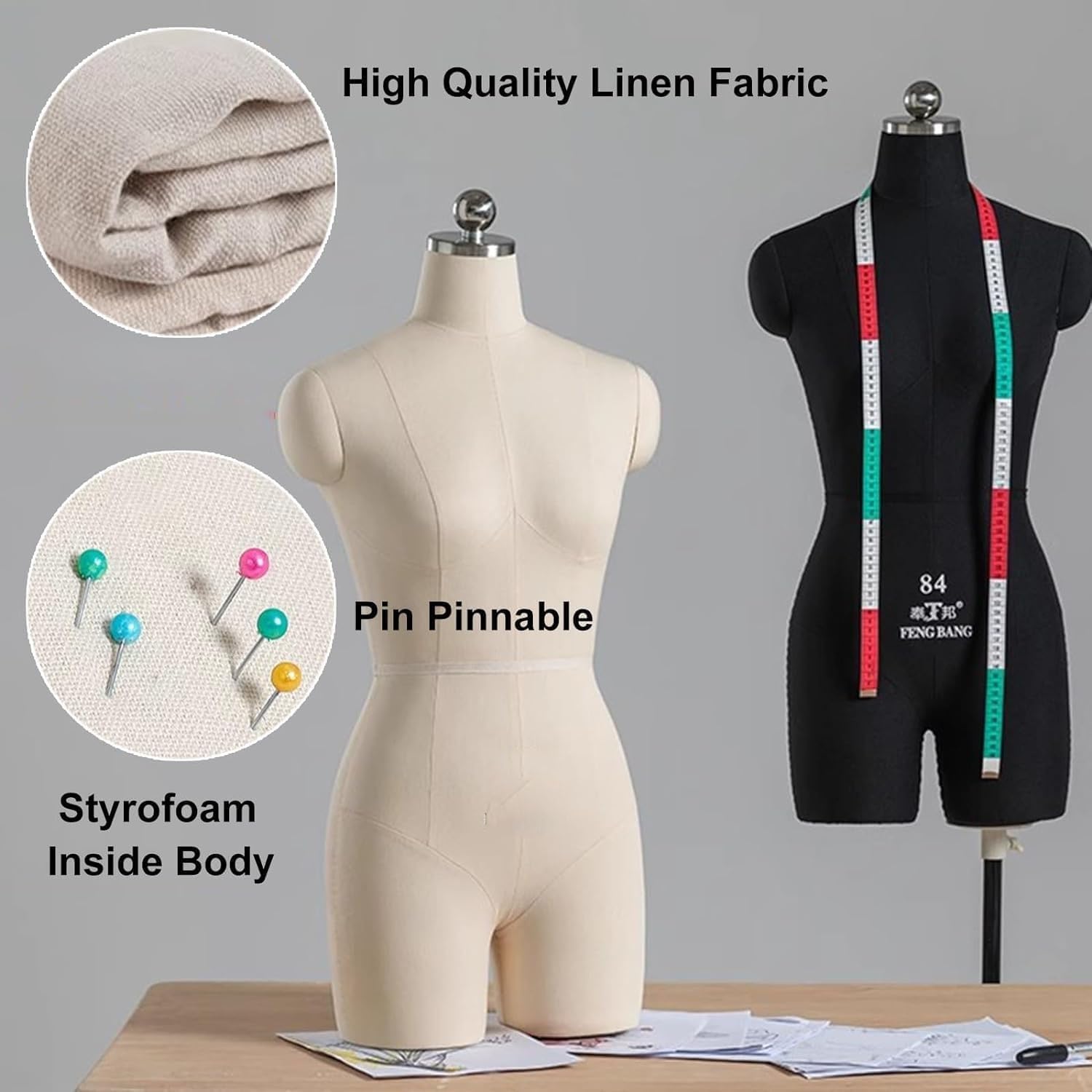 Manichino a forma di busto per cucito, forma del corpo appuntabile con 2 braccia morbide, manichino da sarta su ruote