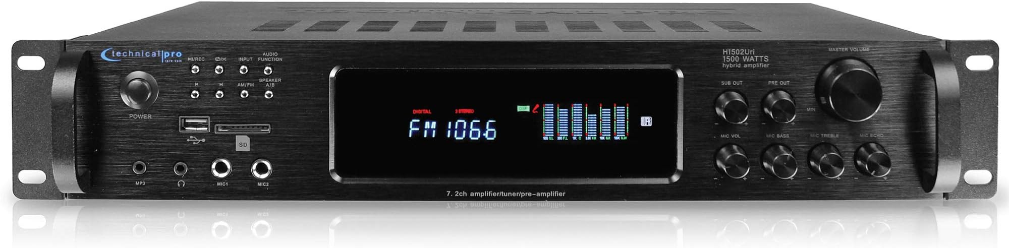 Technical Pro Bluetooth Home Stereo Amplifier, Digital Hybrid Multi Channel, 1500 Watt, Preamp, Tuner with USB and SD Inputs, 2 Mic Inputs, AM/FM digital tuner, Wireless Remote, Bass & Treble Controls
