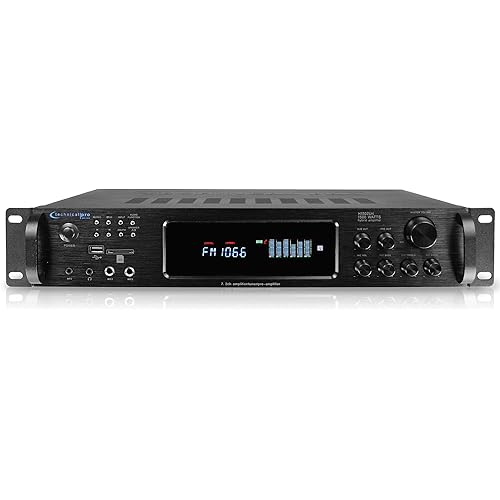 Bluetooth Home Stereo Amplifier, Digital Hybrid Multi Channel, 1500 Watt, Preamp, Tuner with USB and SD Inputs, 2 Mic Inputs, AM/FM digital tuner, Wireless Remote, Bass & Treble Controls