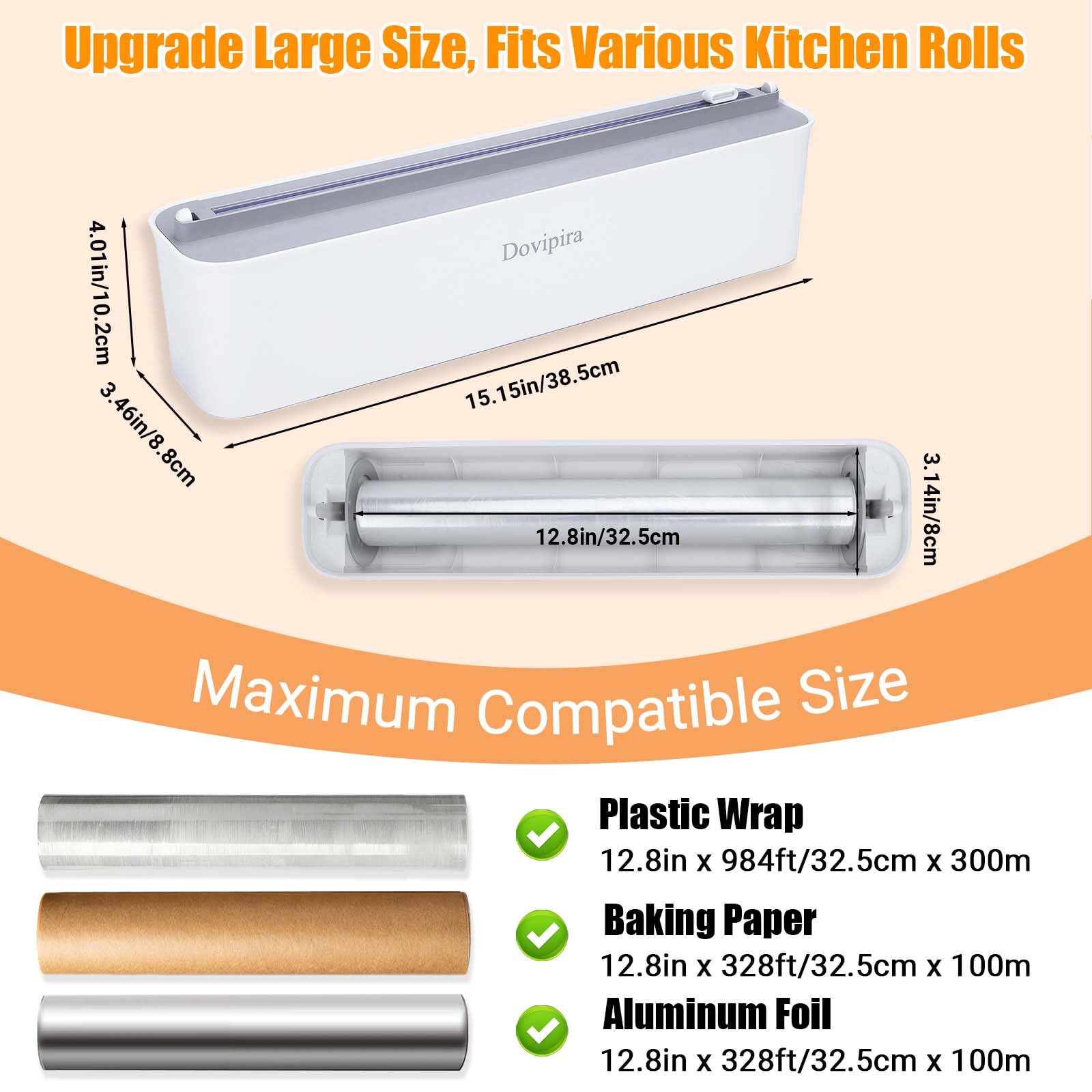 Distributeur Papier Aluminium et Film Magnétique, Taille Améliorée Adapté au Film jusqu'à 32,5cm × 300m, Dérouleur Rangement Papier Alu et Film Alimentaire avec Coupe