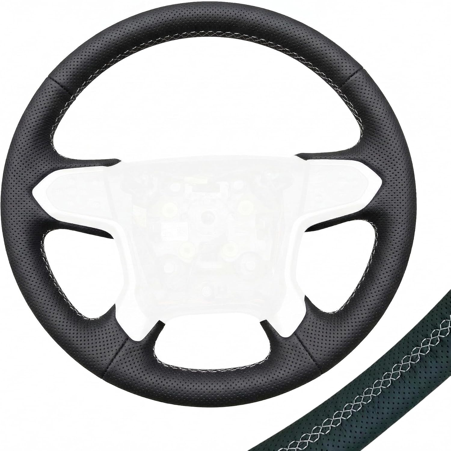 RedlineGoods Steering Wheel Cover - Flat Bottom Wheel Compatible with Chevrolet Corvette C7 2014-19. Tailor Made - not Universal. Genuine top-Grade Italian Black Perforated Leather with Silver Thread