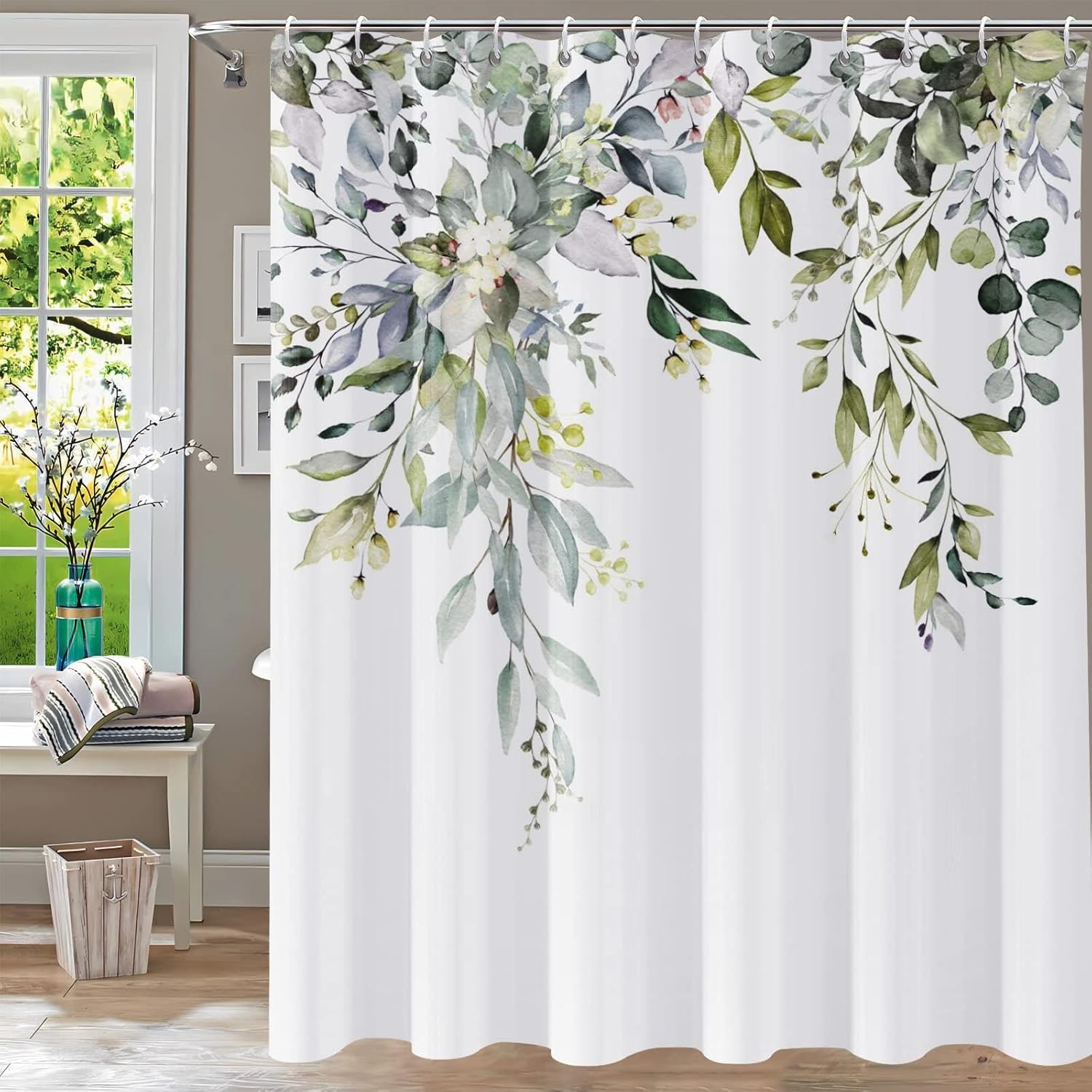 Sage Green Eucalyptus Shower Curtain 35x85in-90x215cm Watercolor Leaves on The Top Plant with Floral Bathroom Curtain, Country Farmhouse Waterproof Fabric Shower Curtain Set with Hooks