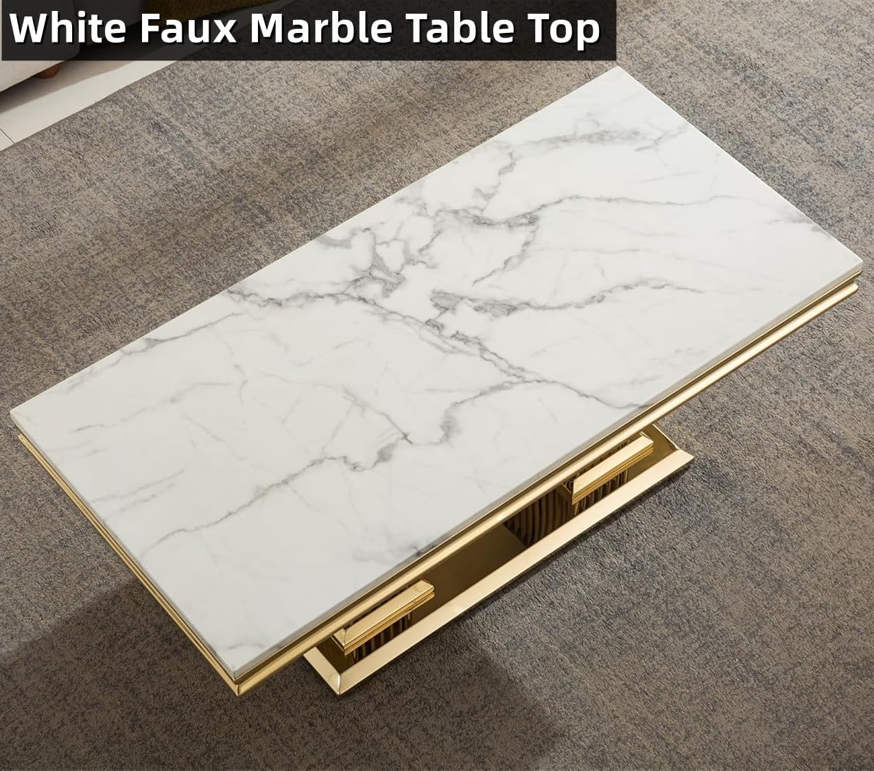 Luxury Faux Marble Coffee Table with Polished Gold Stainless Steel Columnar Base 47" Rectangular White Marble Center Table Elegant Cocktail Table for Living Room Bedroom Office