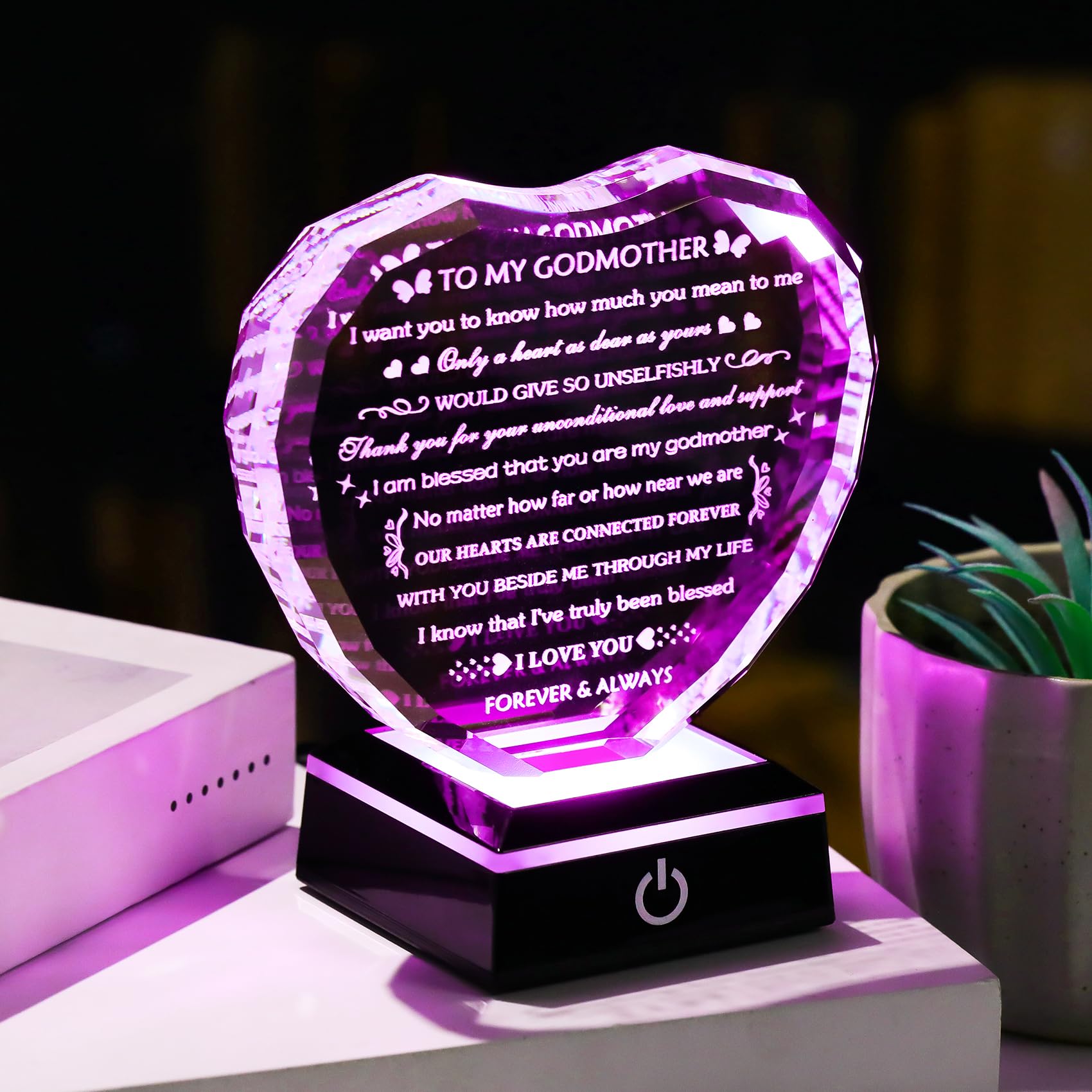 Arikyrist Geschenk für Patenkind mit buntem Lichtsockel, Geburtstagsgeschenk für Patentante, Kristallherz, Andenken an meine Patentante, Geschenke von Patentochter, Patensohn zum Muttertag
