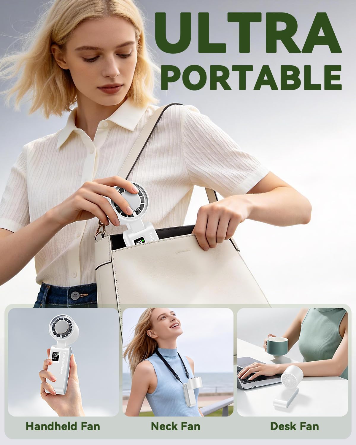 Kimguard Portable Handheld Fan with Ice Cooling, 7.5m/s High Speed Turbo Fan, 150° Foldable 4-in-1 Personal Neck Fan, 199 Speed Stepless Control, USB-C Rechargeable for Travel, Makeup, Hiking,White